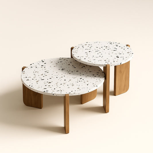 Table basse gigognes rondes en terrazzo blanc et bois clair, design moderne et naturel.