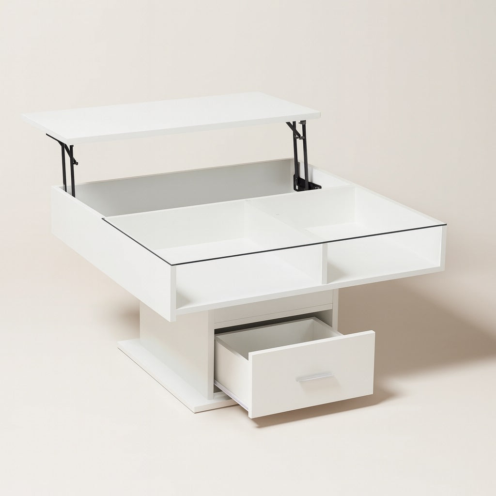 Table basse relevable blanche ouverte avec rangements et plateau modulable pratique.