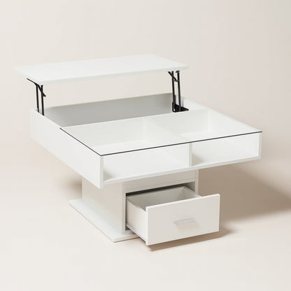 Table basse relevable blanche ouverte avec rangements et plateau modulable pratique.