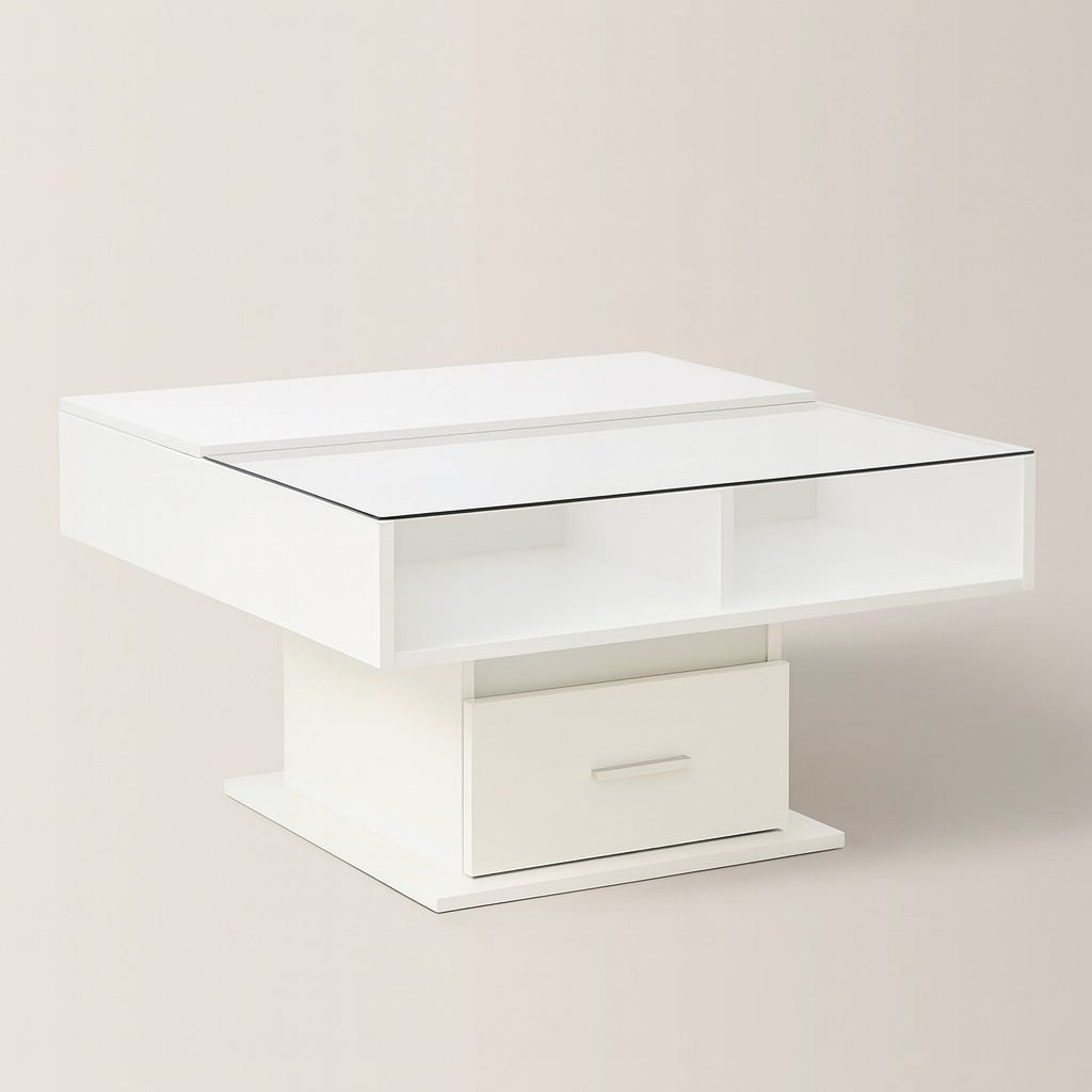 Table basse relevable blanche design moderne avec plateau relevable et tiroir intégré.