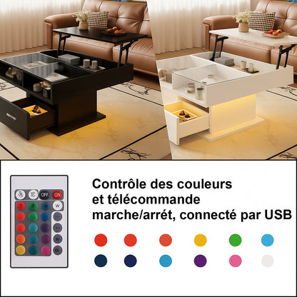 Table basse relevable noire et blanche avec éclairage LED et télécommande USB intégrée.