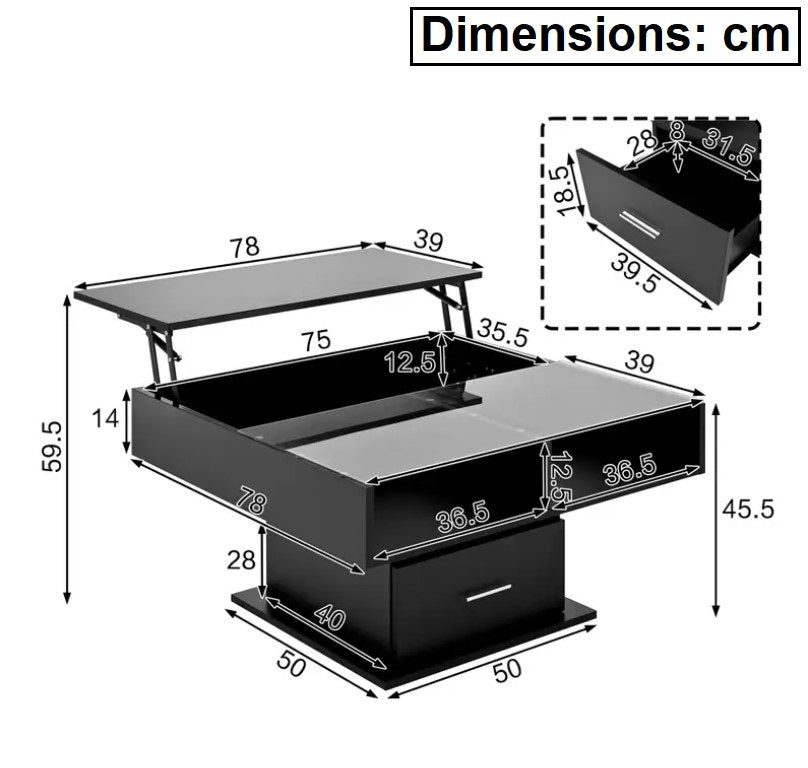 Dimensions détaillées de la table basse relevable Altura noire avec plateau ajustable.
