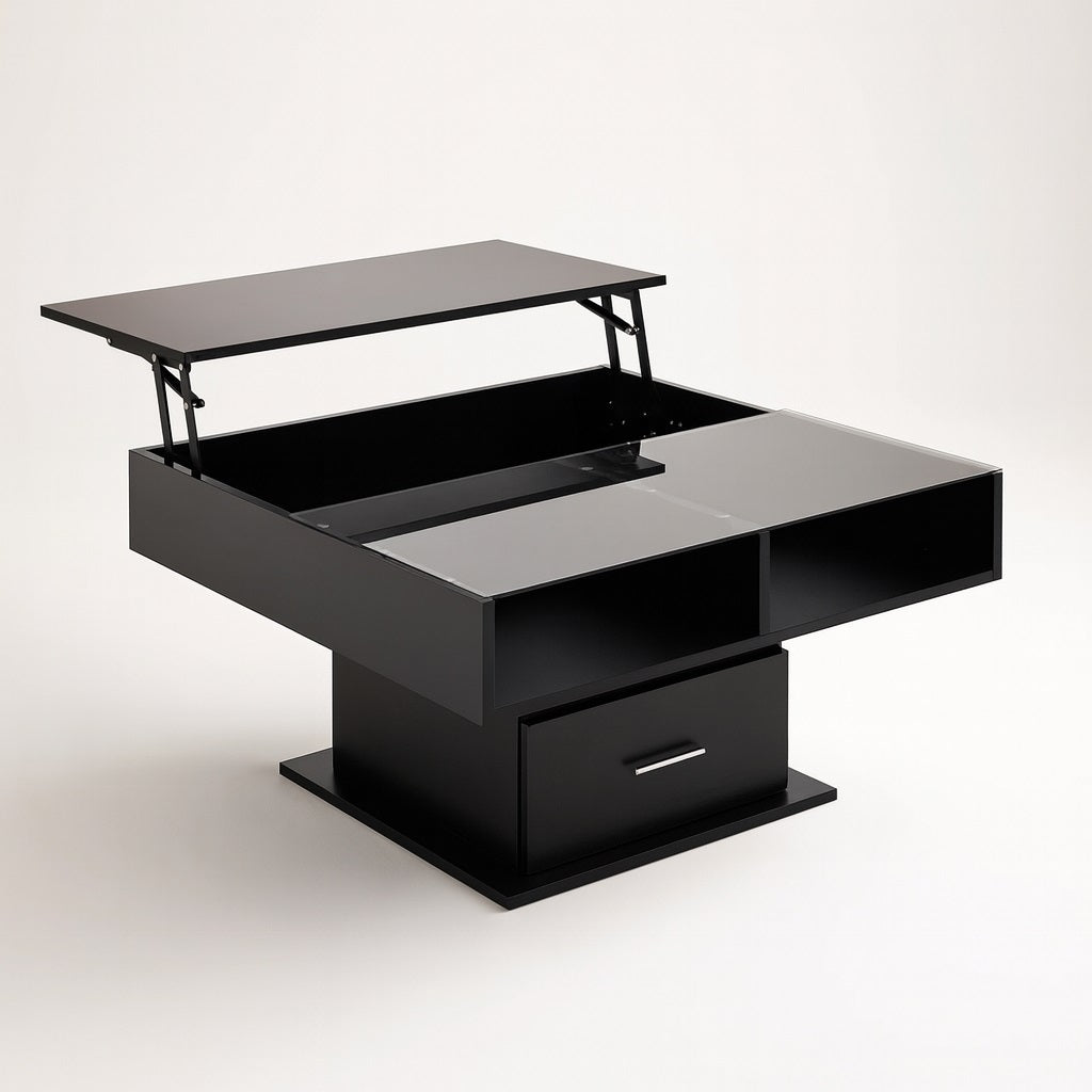 Table basse relevable noire ouverte, plateau relevable et grand espace de rangement.