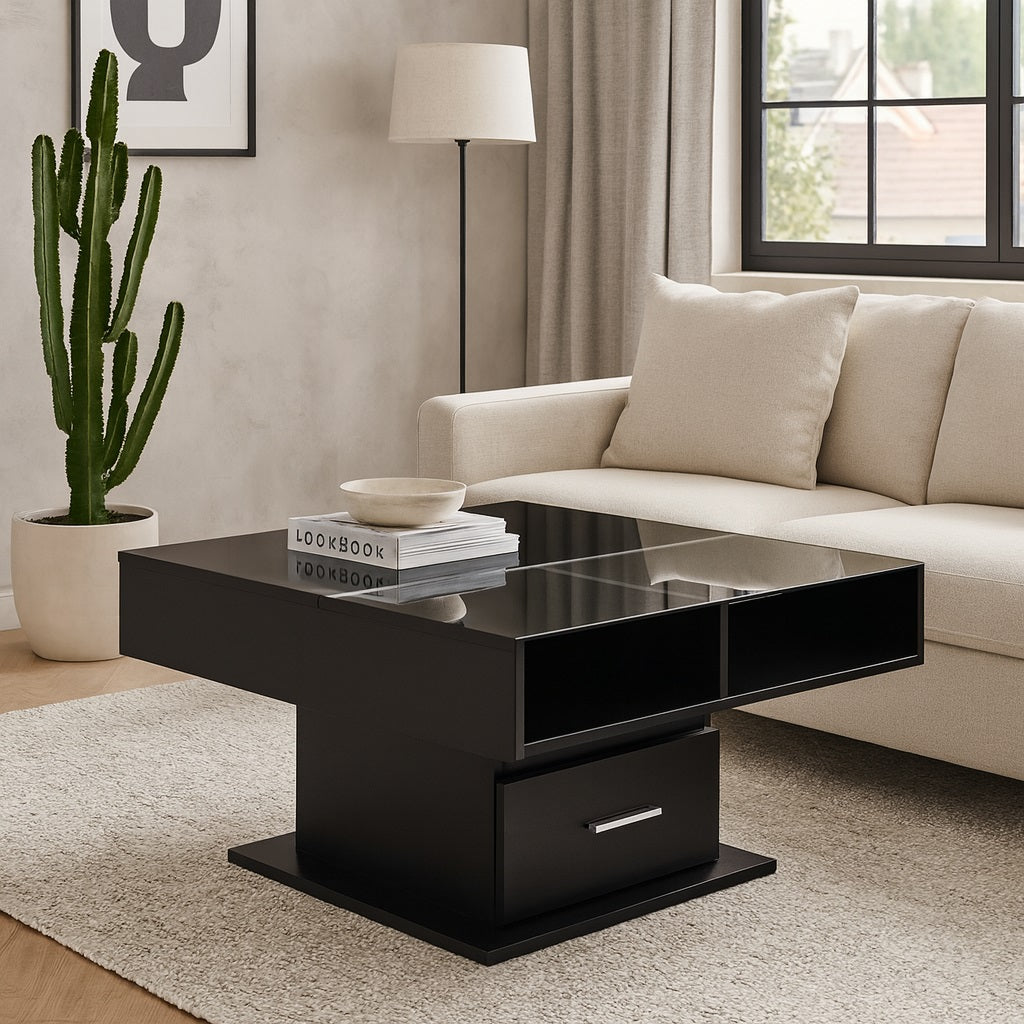 Table basse relevable noire dans un salon moderne, finition brillante et design épuré.