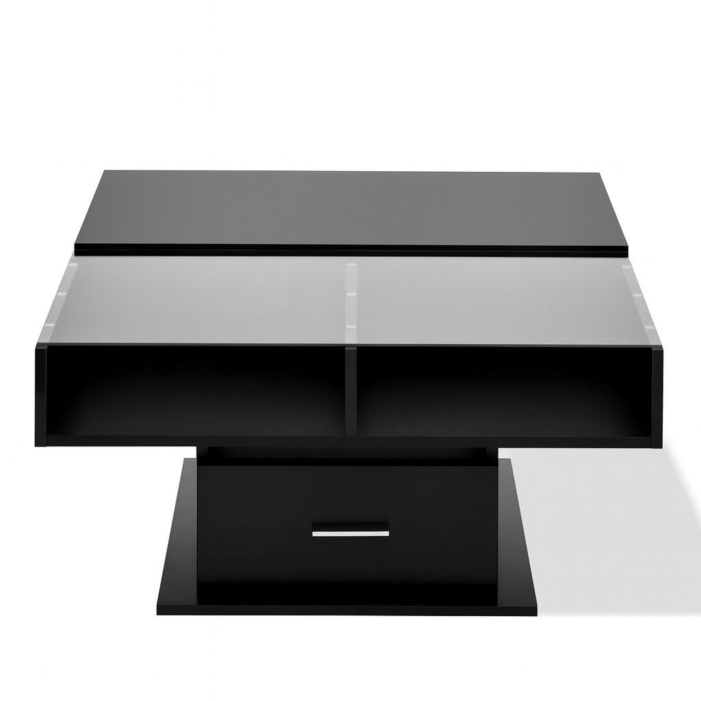 Table basse relevable noire design avec plateau relevable et tiroir, finition brillante moderne.