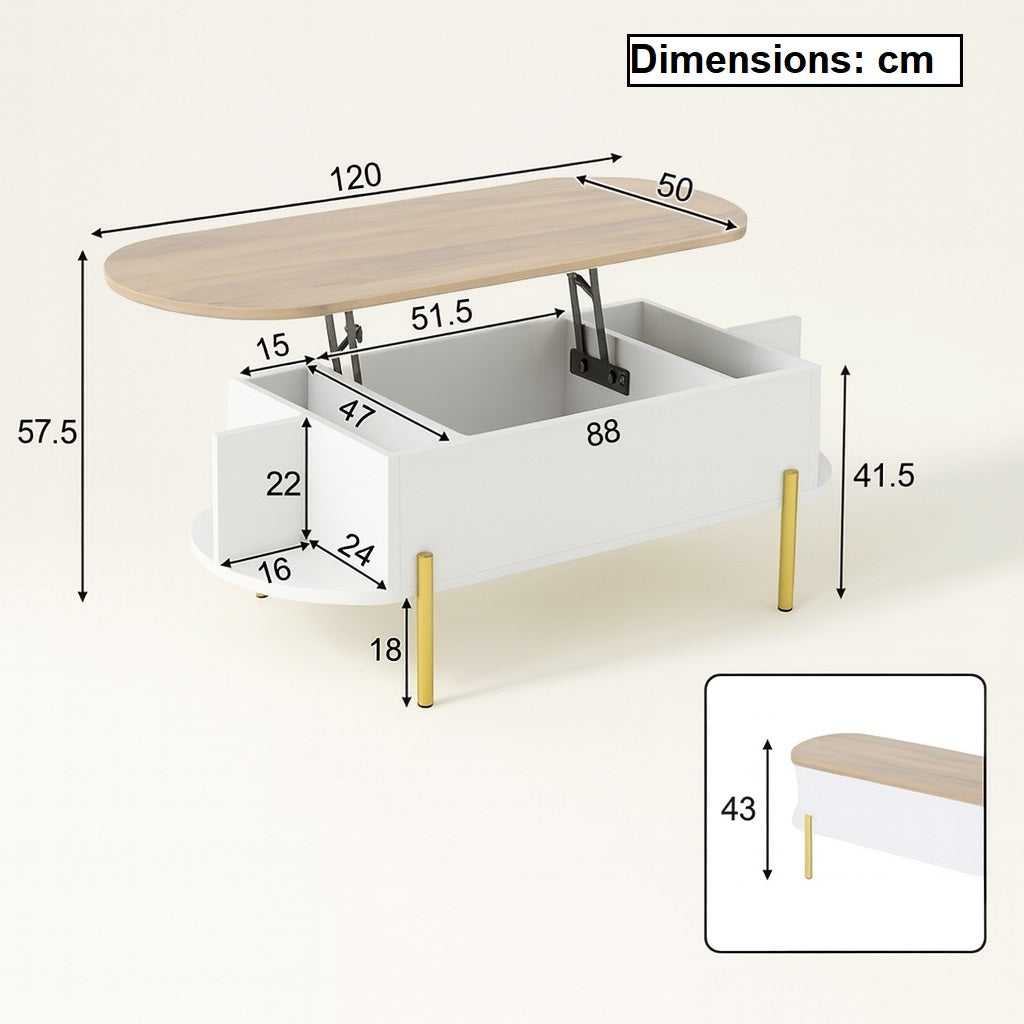 Dimensions détaillées d’une table basse relevable en bois avec rangements pratiques et pieds métal doré.