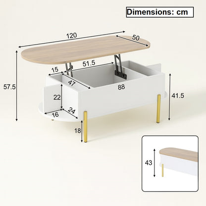 Dimensions détaillées d’une table basse relevable en bois avec rangements pratiques et pieds métal doré.