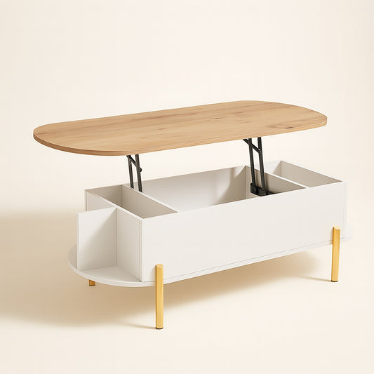 Table basse relevable en bois ouverte avec rangements cachés et pieds dorés dans un style moderne.