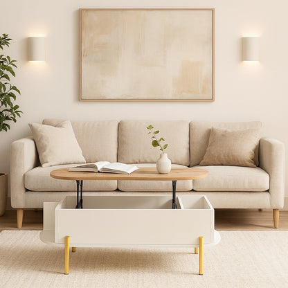 Table basse relevable en bois dans un salon élégant, déco beige et minimaliste avec rangements pratiques.
