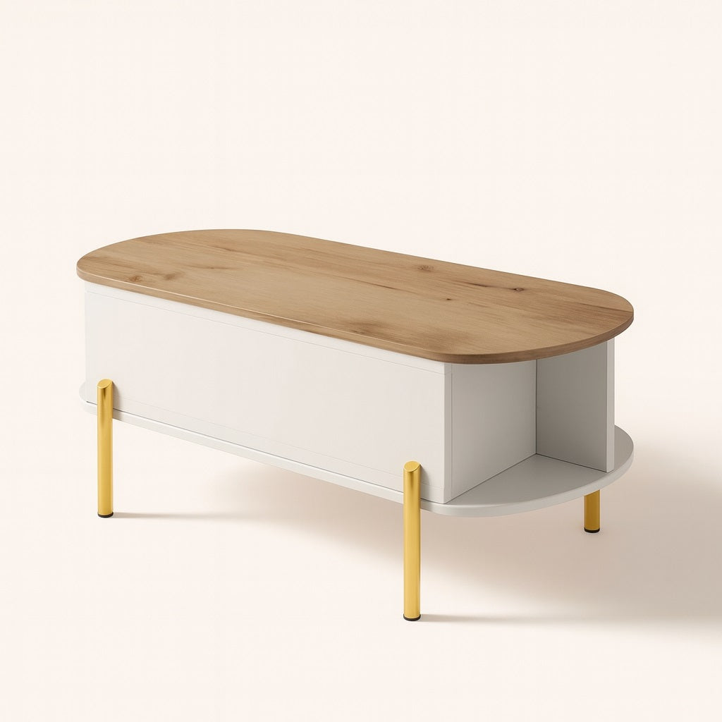 Table basse relevable en bois avec pieds métal doré, design moderne et espace de rangement intégré.