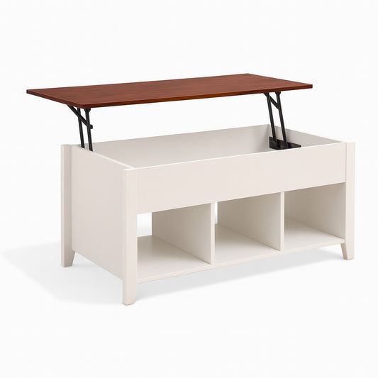 Table basse relevable Arden ouverte, avec rangements intégrés, design bois et blanc élégant.