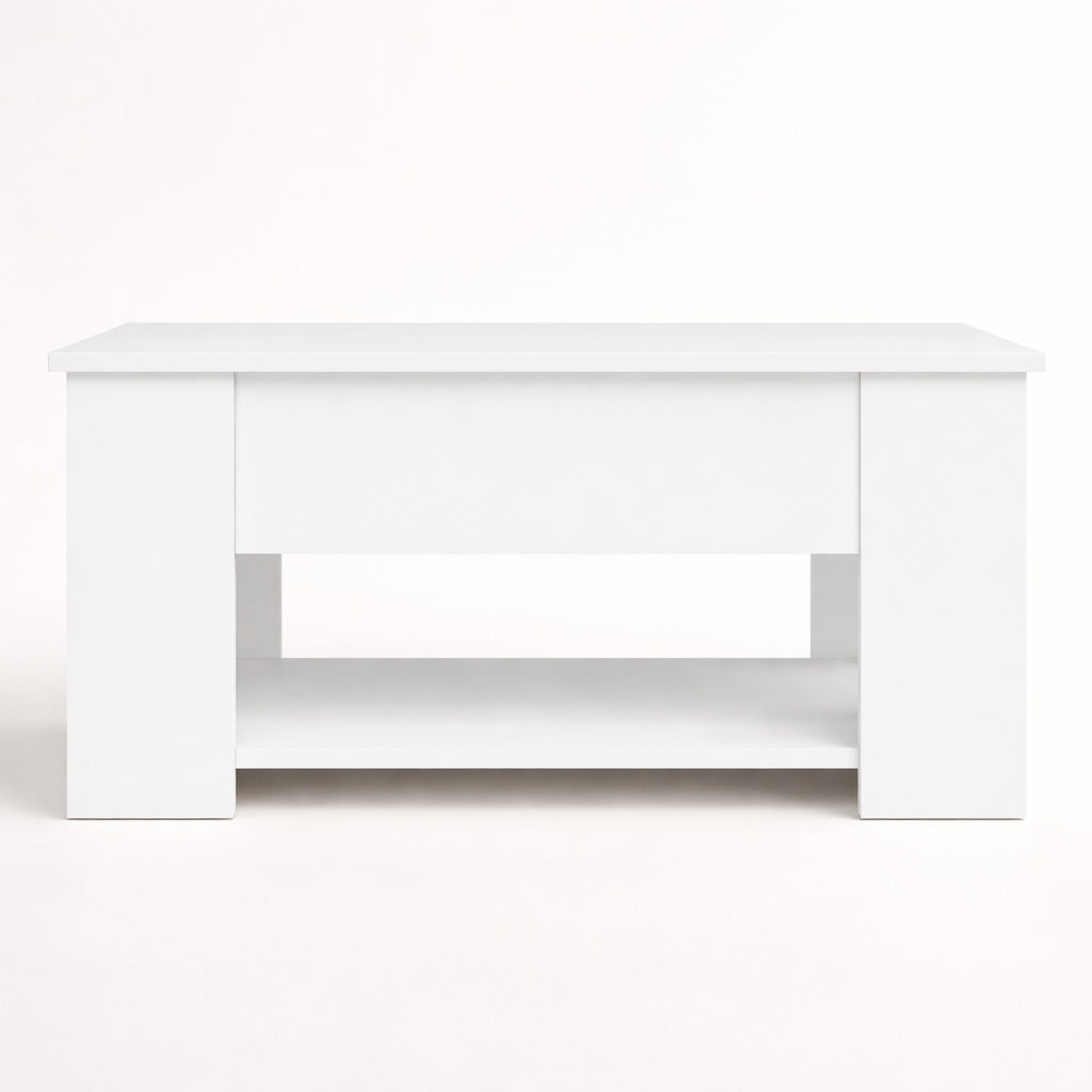 Table basse de salon blanche relevable fermée, structure moderne avec étagère basse, style minimaliste contemporain