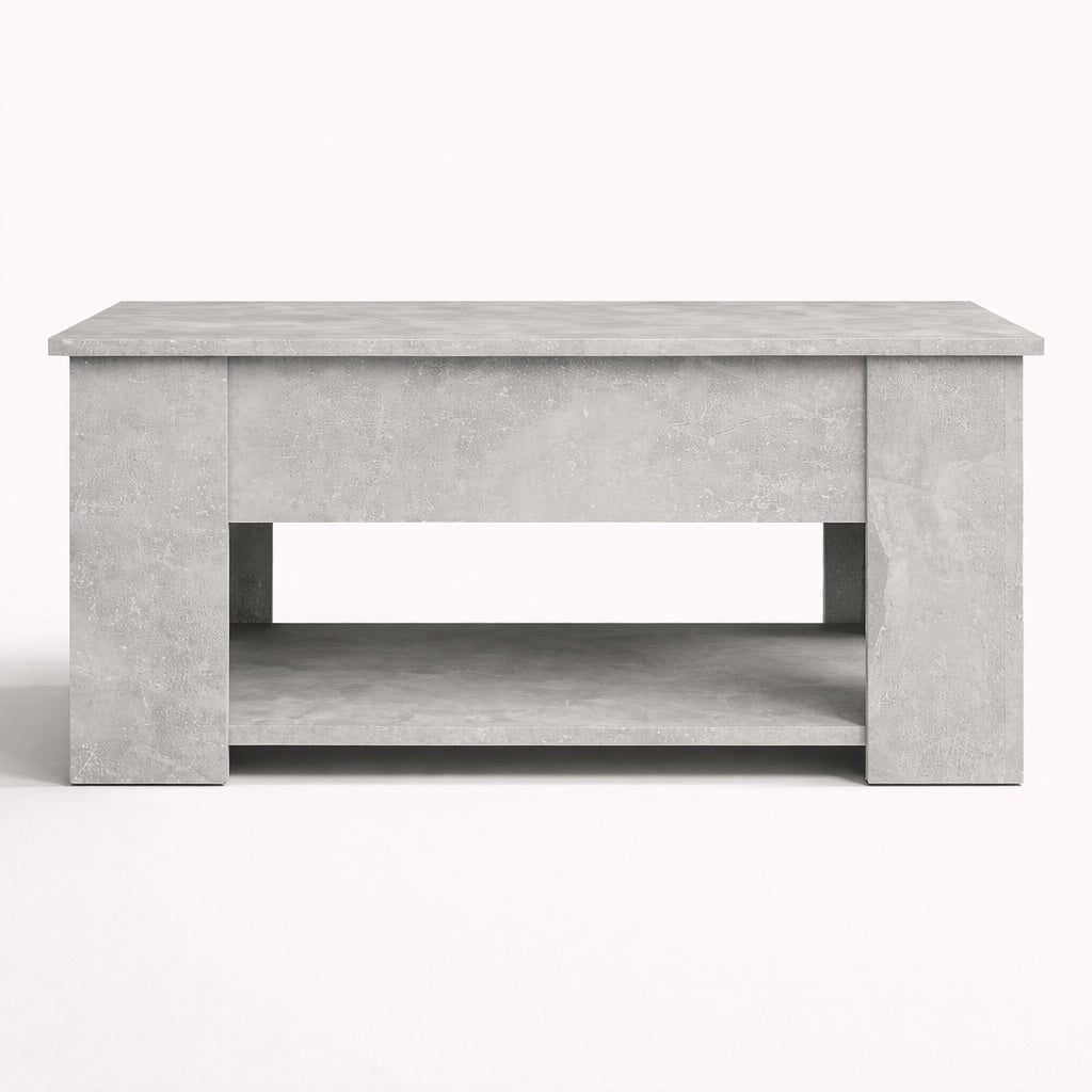 Table basse de salon relevable finition béton fermée, design contemporain avec étagère inférieure intégrée