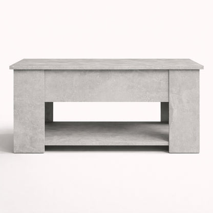 Table basse de salon relevable finition béton fermée, design contemporain avec étagère inférieure intégrée