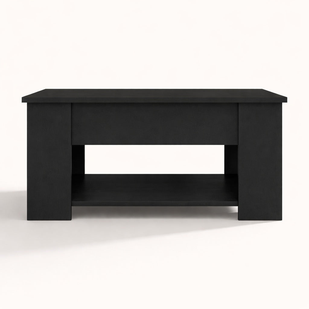 Table basse de salon noire relevable fermée, style contemporain avec étagère basse et lignes sobres
