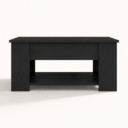 Table basse de salon noire relevable fermée, style contemporain avec étagère basse et lignes sobres