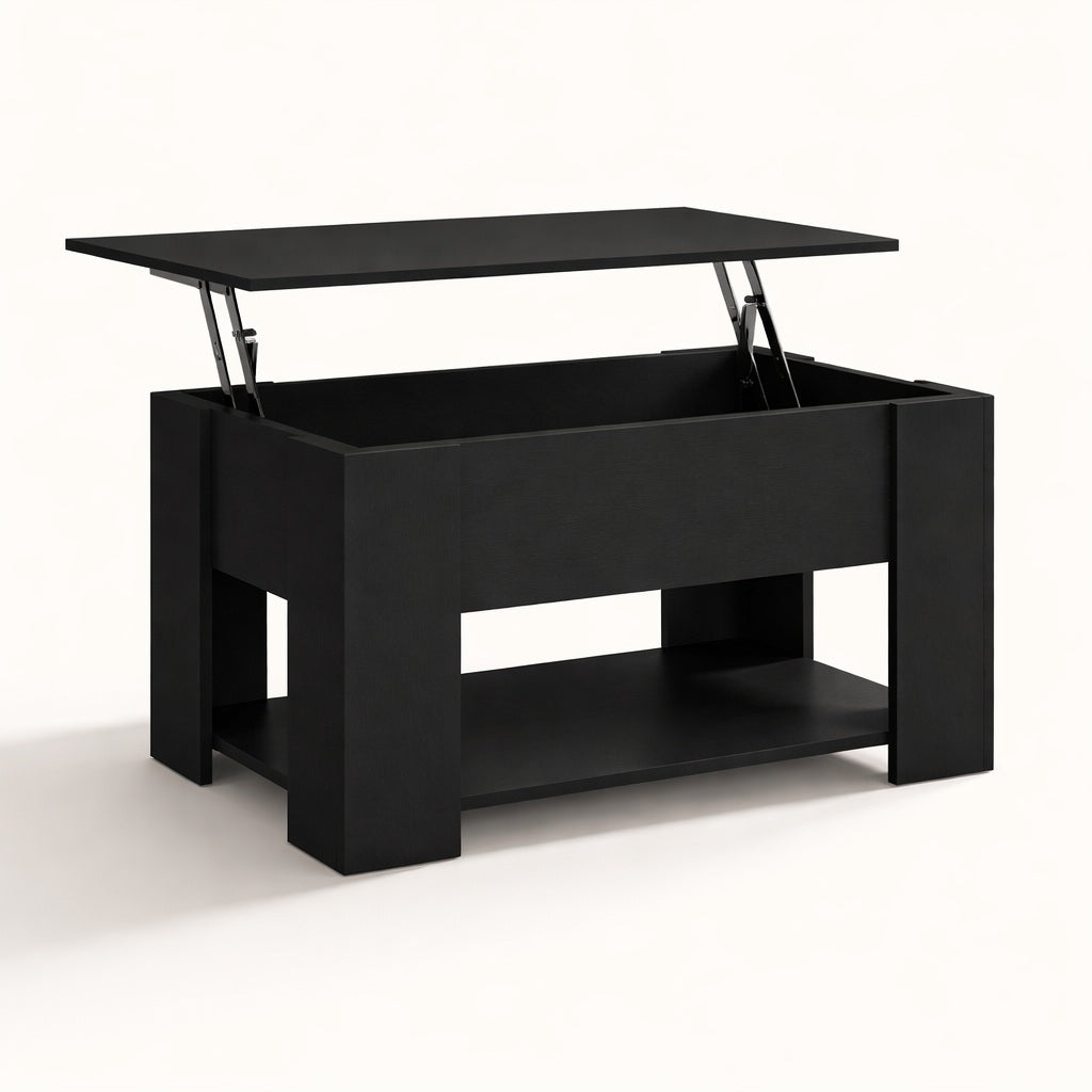 Table basse de salon noire relevable avec plateau ouvrant, grand espace de rangement et design moderne élégant