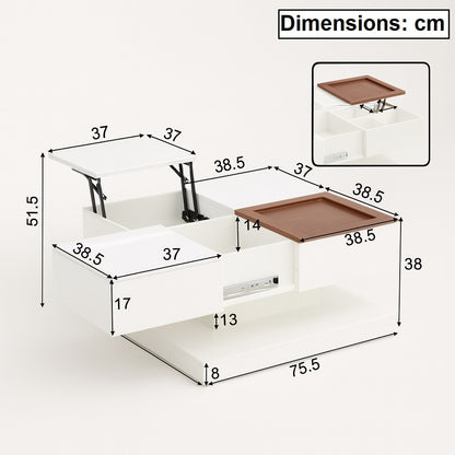 Dimensions détaillées de la table basse relevable blanche Evolia, modèle carré avec plateau relevable pratique.
