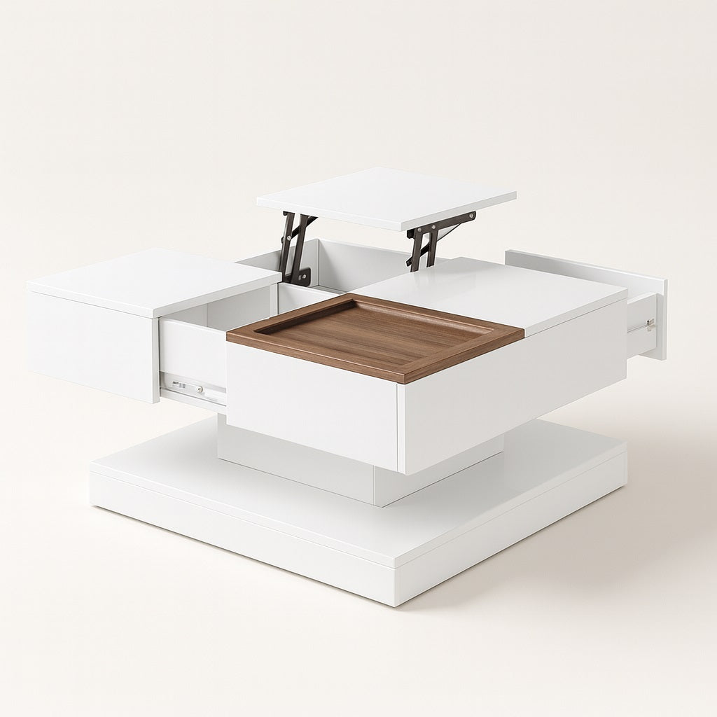 Table basse relevable blanche ouverte, rangements intégrés et plateau relevable design pour salon moderne.