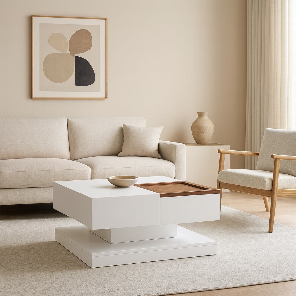 Table basse relevable blanche dans un salon minimaliste, finition brillante et détails bois élégants.