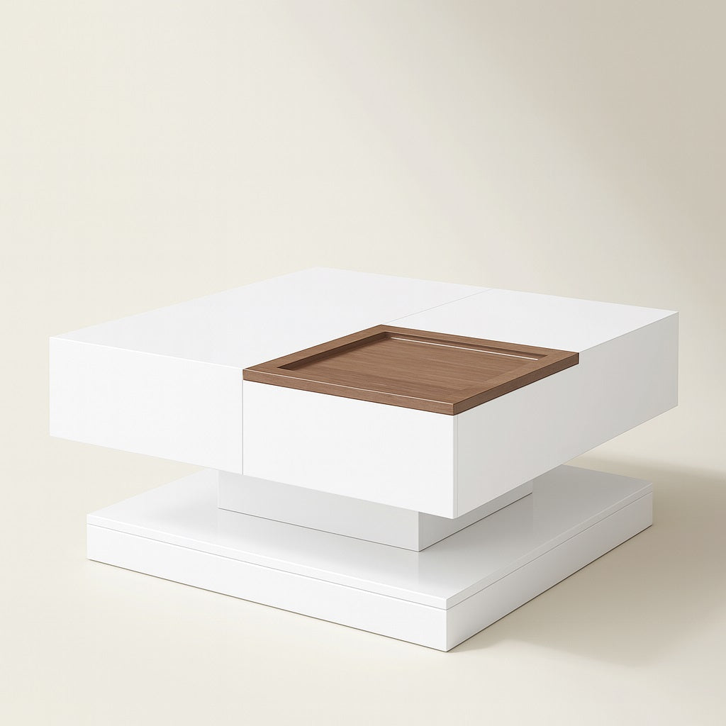 Table basse relevable blanche design moderne avec plateau bois, élégante et fonctionnelle pour salon contemporain.