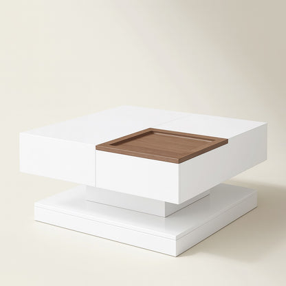 Table basse relevable blanche design moderne avec plateau bois, élégante et fonctionnelle pour salon contemporain.