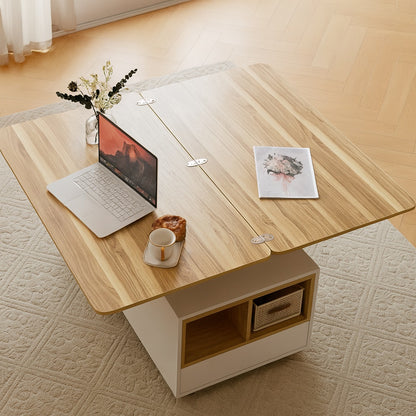 Table basse relevable blanche en bois clair vue d’angle, idéale pour salon contemporain.