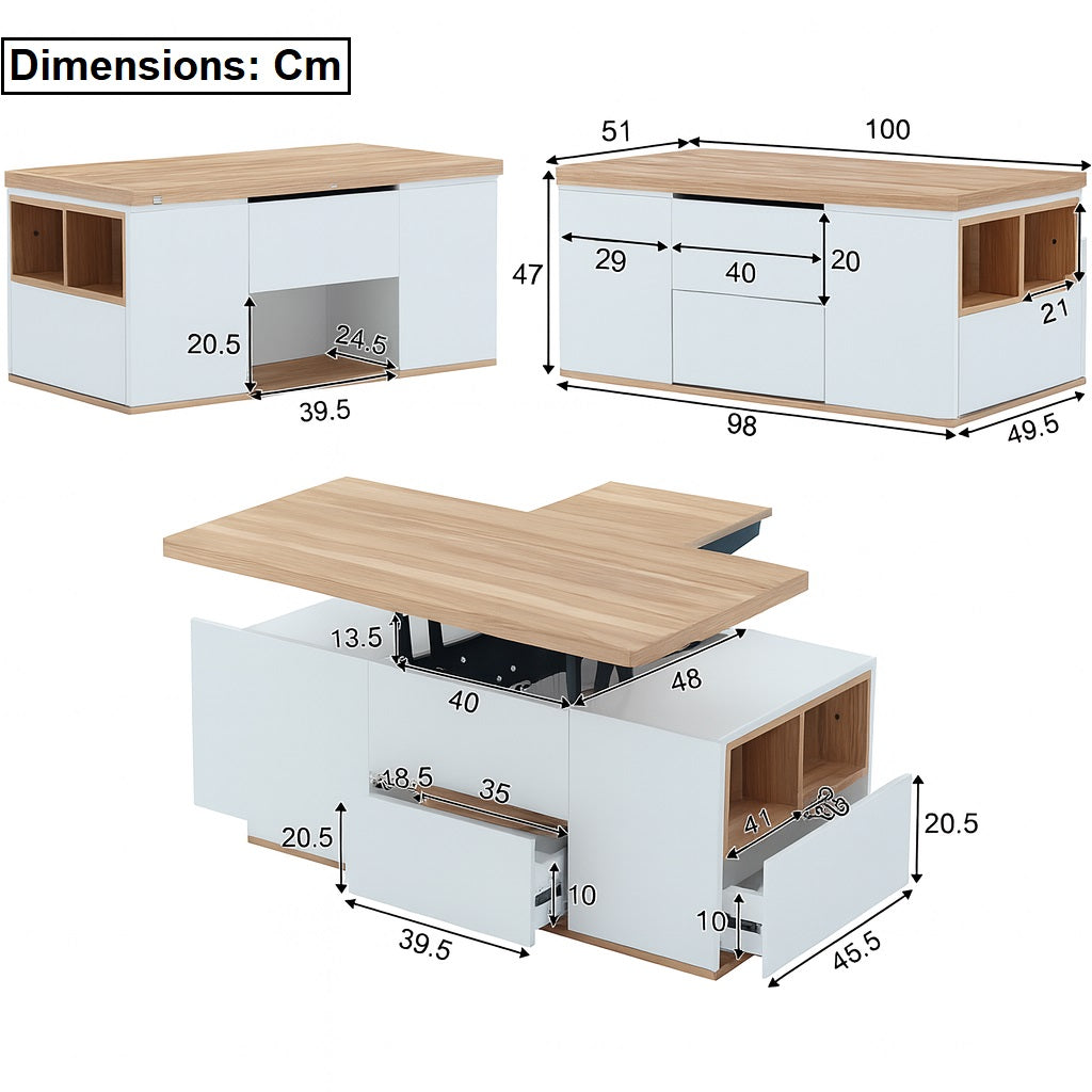 Schéma dimensions table basse relevable en bois et blanche avec rangements intégrés.
