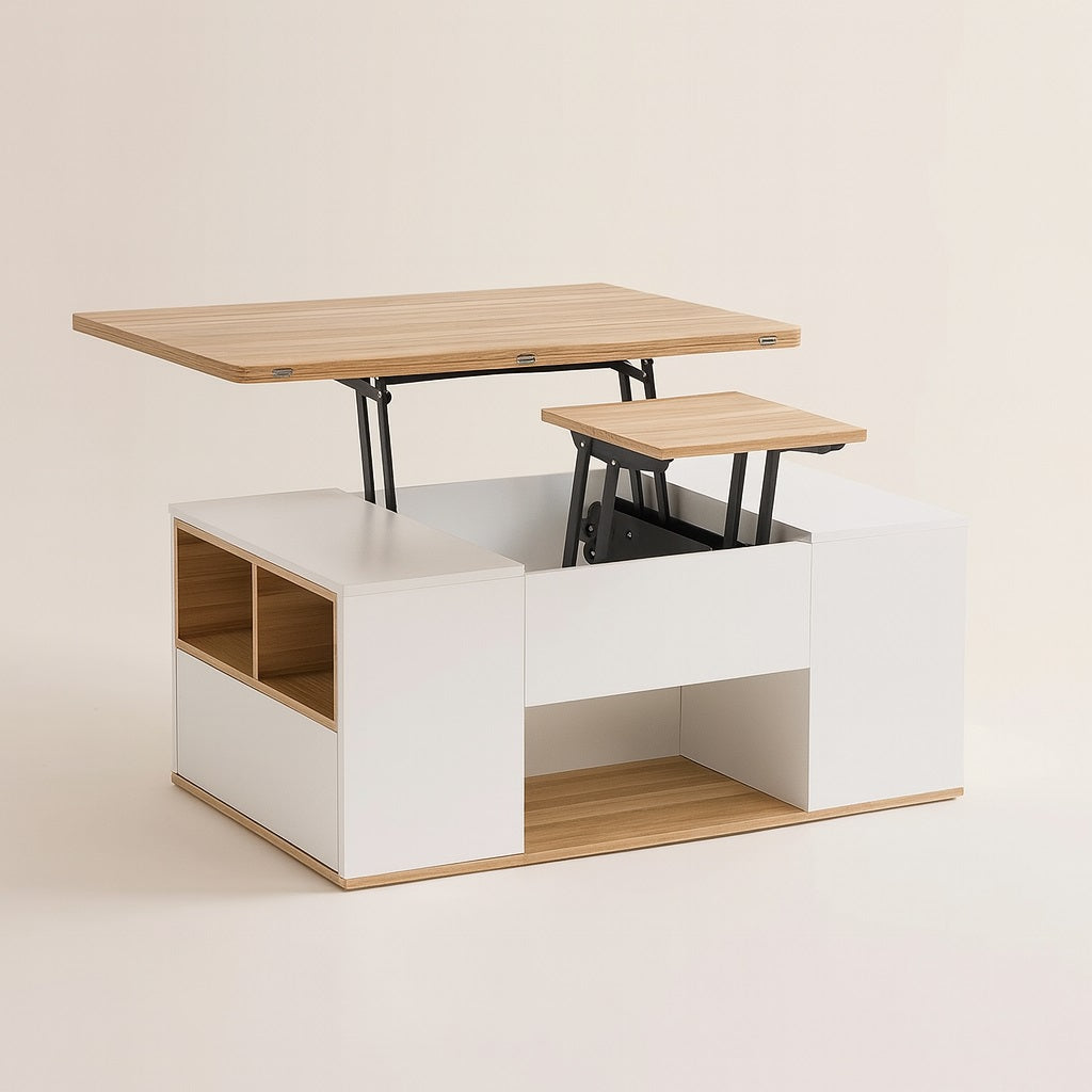 Table basse relevable en bois et blanche avec double plateau relevé et rangement central.