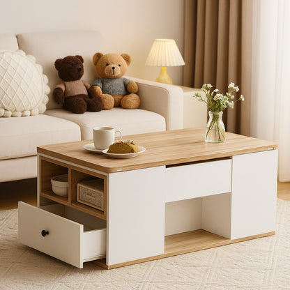 Table basse relevable blanche et bois dans salon cosy, pratique pour café ou télétravail.