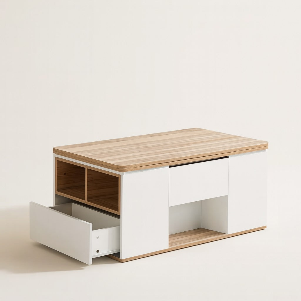 Table basse relevable en bois et blanche avec tiroir ouvert, design moderne et fonctionnel.