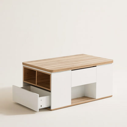 Table basse relevable en bois et blanche avec tiroir ouvert, design moderne et fonctionnel.