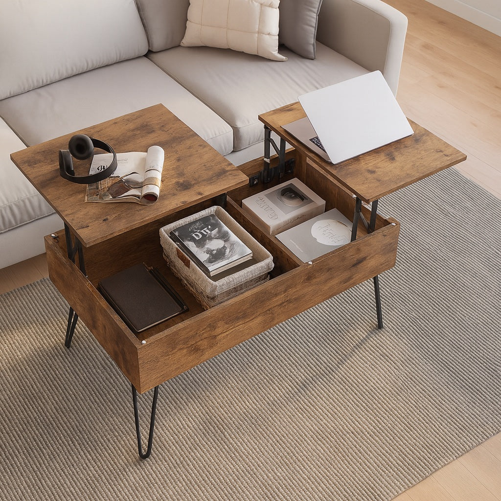 Table basse relevable en bois avec rangements intégrés, plateau double et pieds métal noir, en salon moderne.