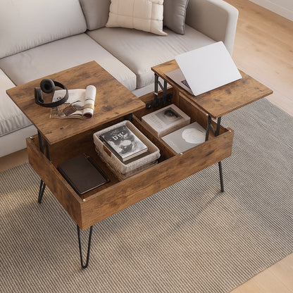 Table basse relevable en bois avec rangements intégrés, plateau double et pieds métal noir, en salon moderne.