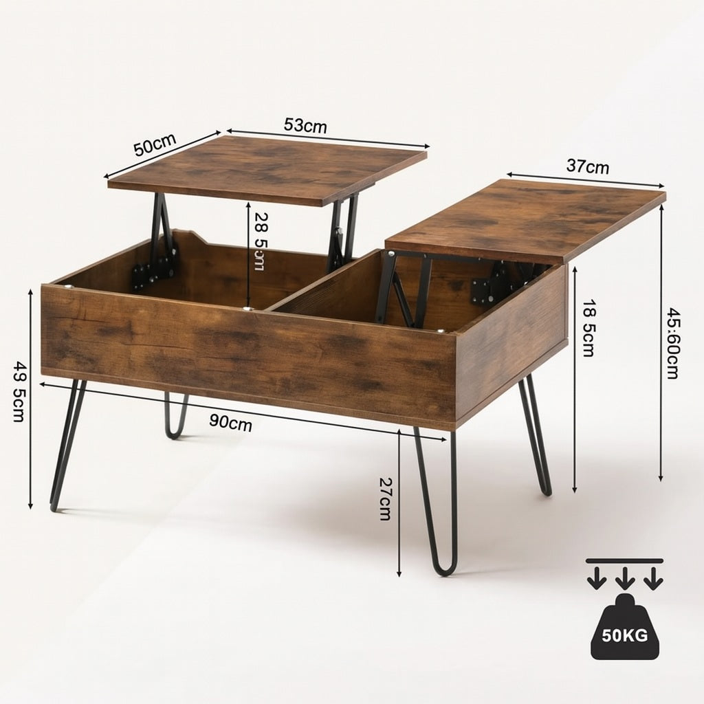 Dimensions table basse relevable en bois avec double plateau, pieds métal noir et capacité 50 kg.