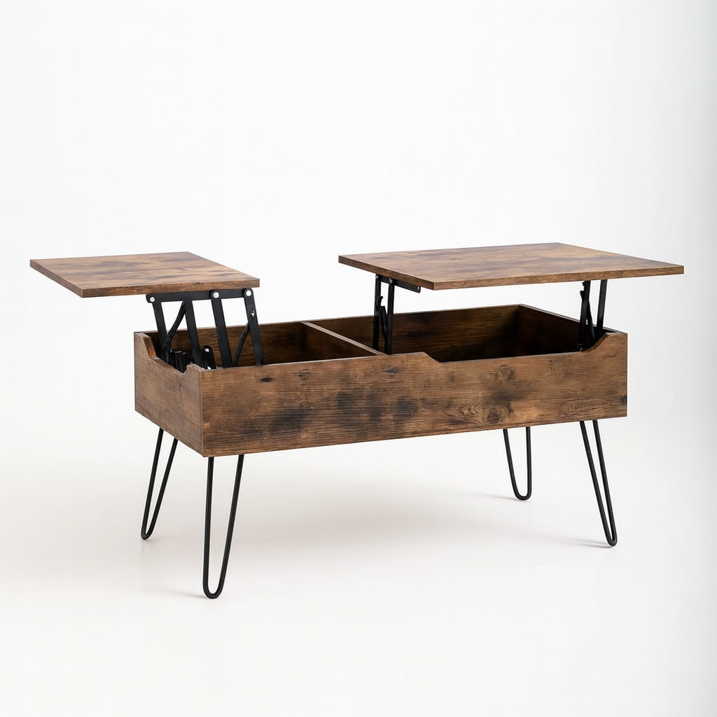 Table basse relevable en bois à double plateau, structure métal noire, idéale pour salon moderne.