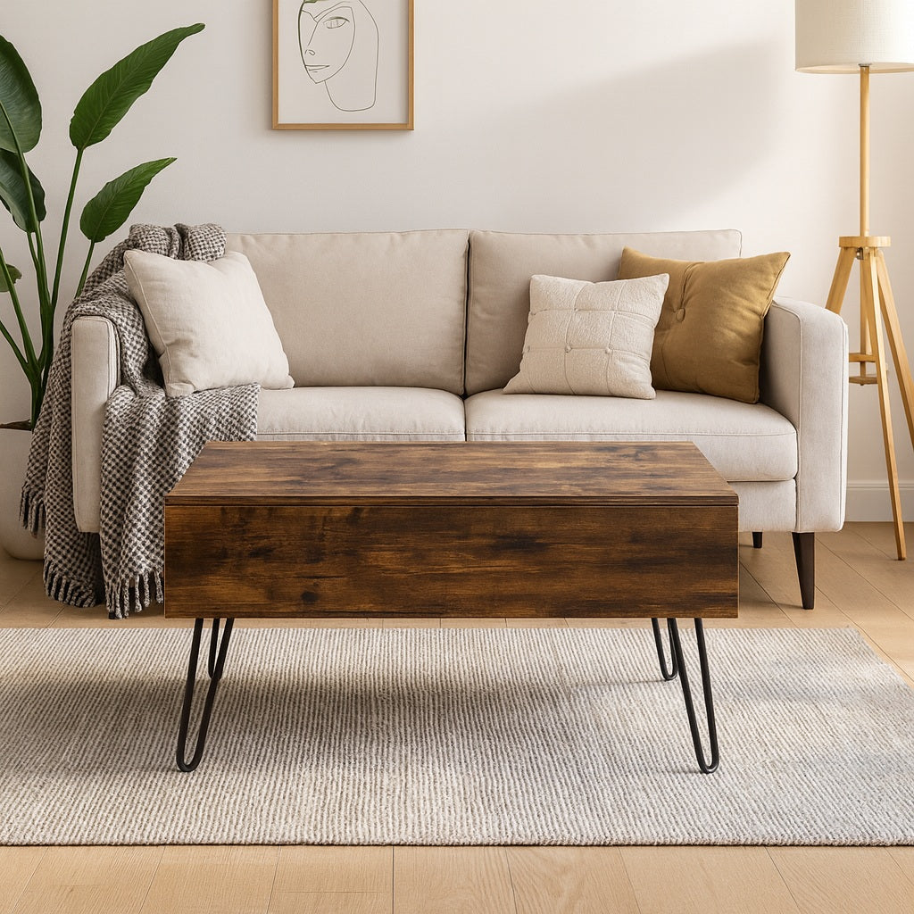 Table basse relevable en bois foncé dans salon contemporain, canapé beige et déco naturelle.