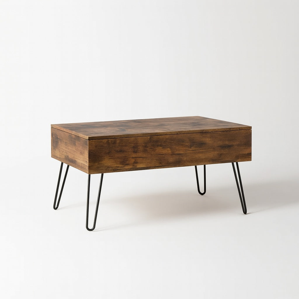 Table basse relevable en bois design industriel, structure métal noir, photo produit sur fond blanc.