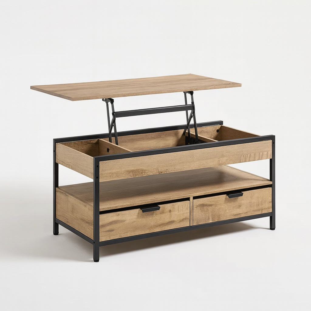 Table basse relevable en bois Moden avec plateau relevable et rangements intégrés, design moderne métal noir.