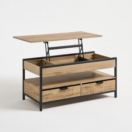 Table basse relevable en bois Moden avec plateau relevable et rangements intégrés, design moderne métal noir.