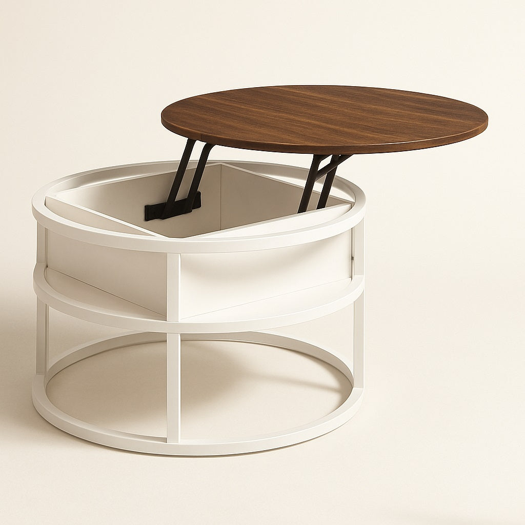 Table basse ronde relevable blanche ouverte, espace de rangement discret et plateau surélevé.