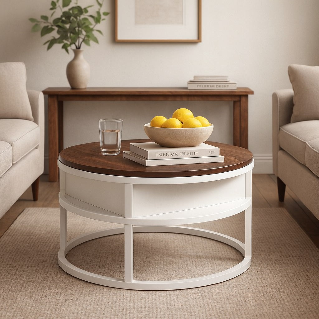 Table basse ronde relevable blanche en situation dans un salon lumineux, design chaleureux et moderne.