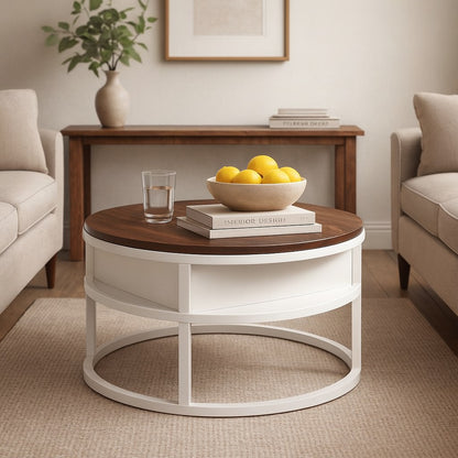 Table basse ronde relevable blanche en situation dans un salon lumineux, design chaleureux et moderne.