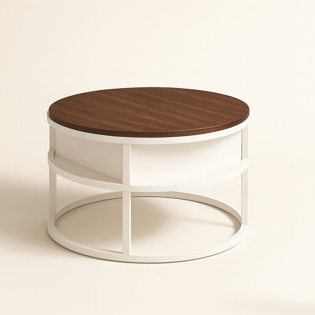 Table basse ronde relevable blanche avec plateau en bois foncé, style élégant et fonctionnel.