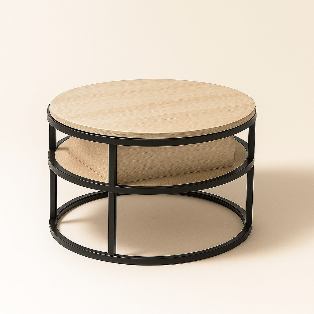 Table basse ronde relevable en bois clair, modèle fermé au style minimaliste avec structure noire.