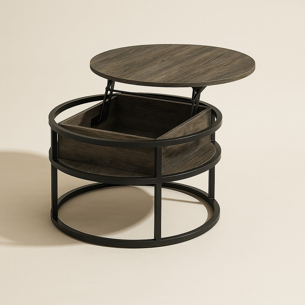 Table basse ronde relevable en bois foncé ouverte, grand coffre de rangement pratique pour salon.