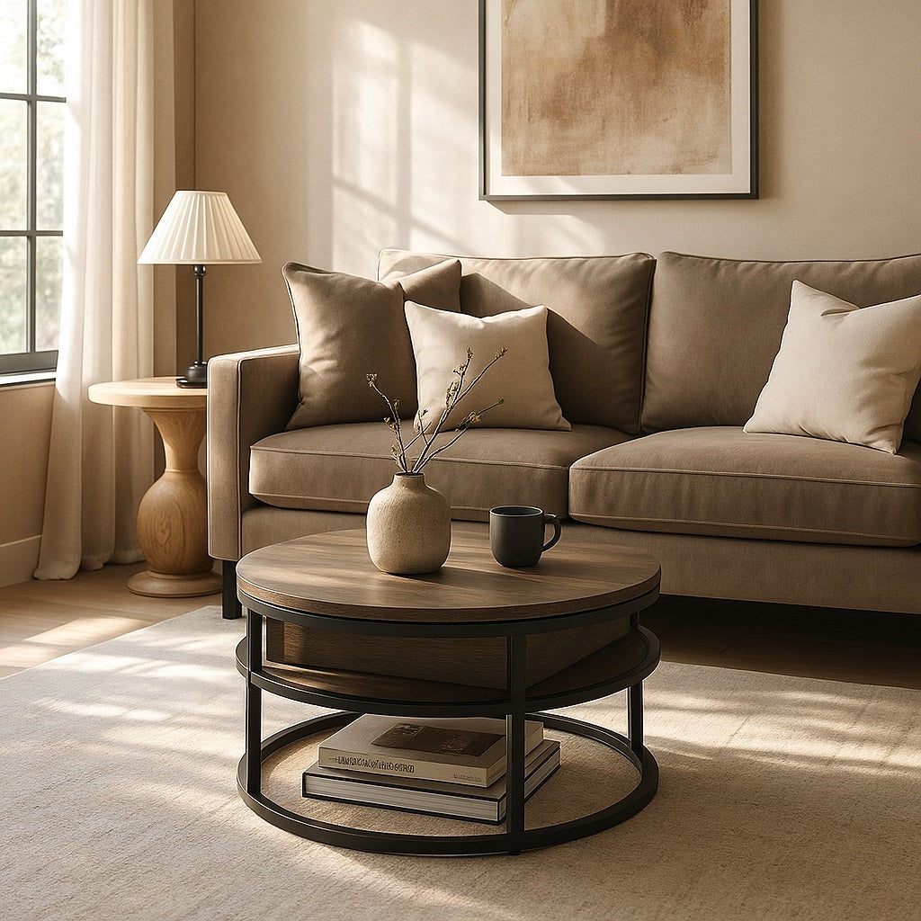 Table basse ronde relevable en bois foncé dans un salon cosy, design chaleureux et contemporain.