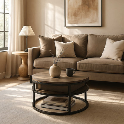 Table basse ronde relevable en bois foncé dans un salon cosy, design chaleureux et contemporain.