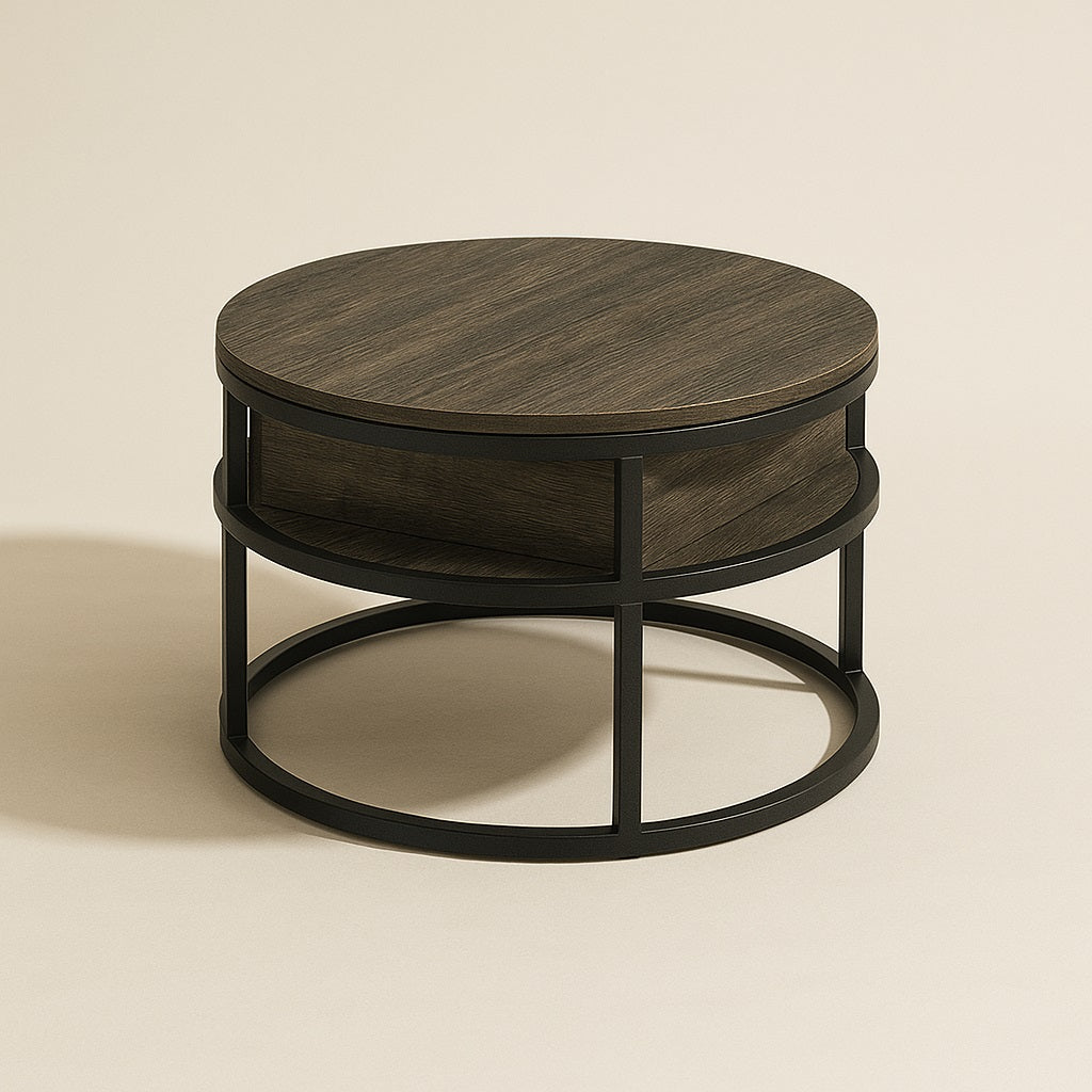 Table basse ronde relevable en bois foncé avec structure noire, design moderne pour salon.
