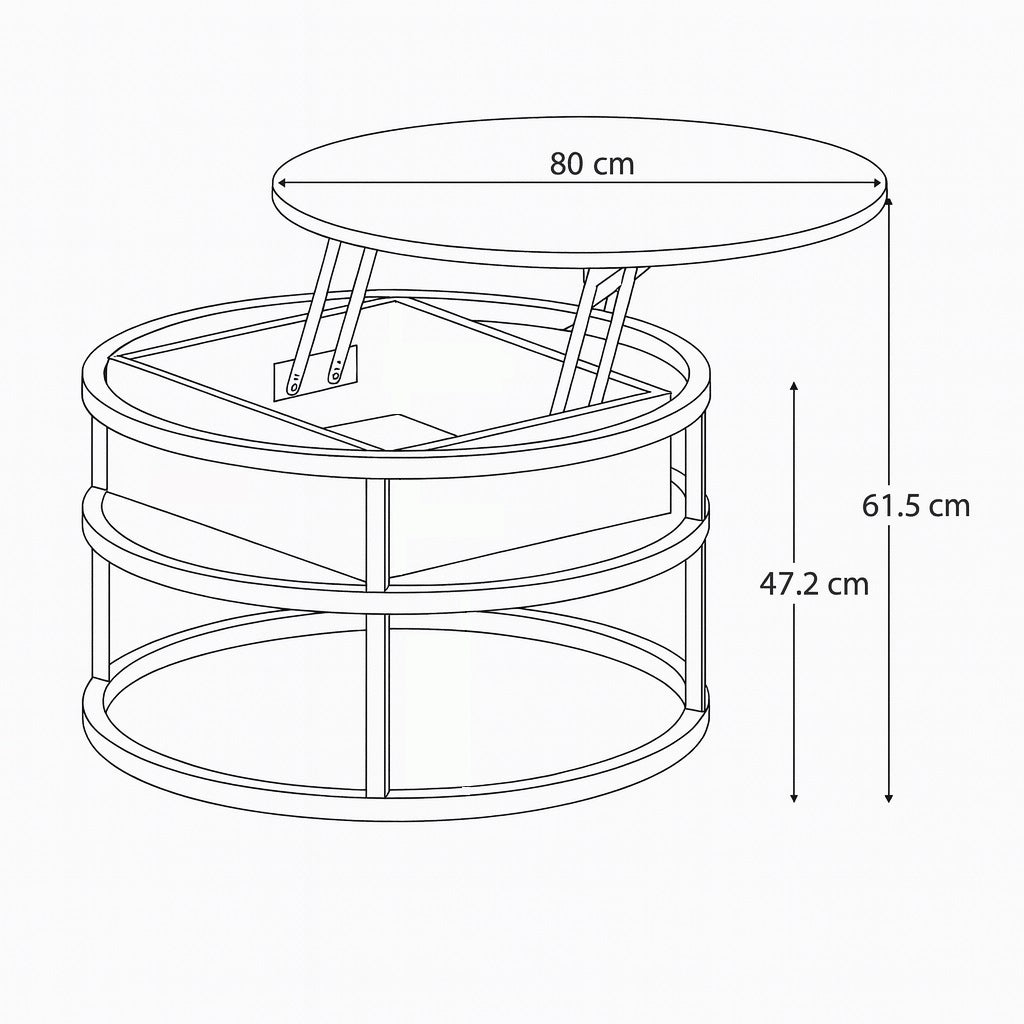Schéma de table basse ronde relevable avec dimensions complètes, plateau surélevable et rangement interne.